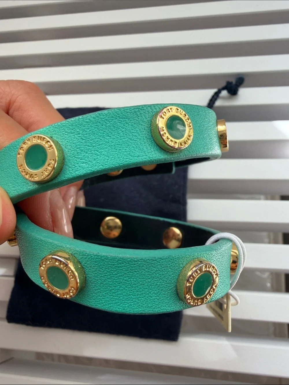 Tory Burch NWT Turquoise Double-Wrap Leather Bracelet with Gold-Tone Studs
